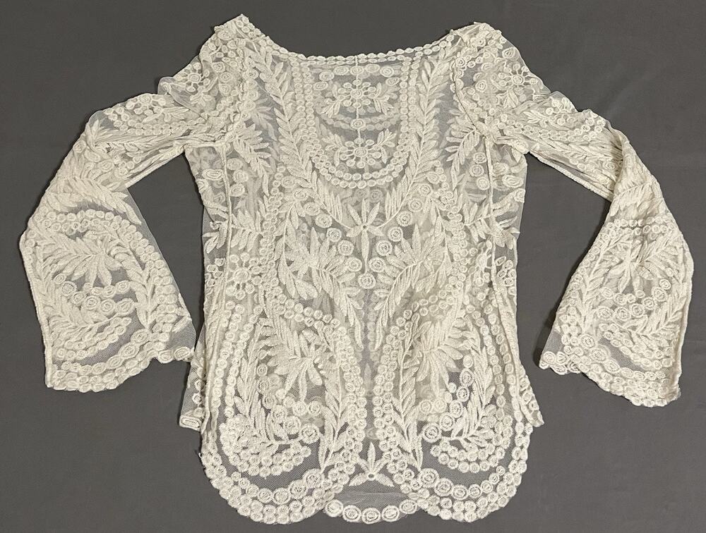 Sheer Lace Blouse Womens M Cream Ivory Floral Bell Sleeve Boho Festival